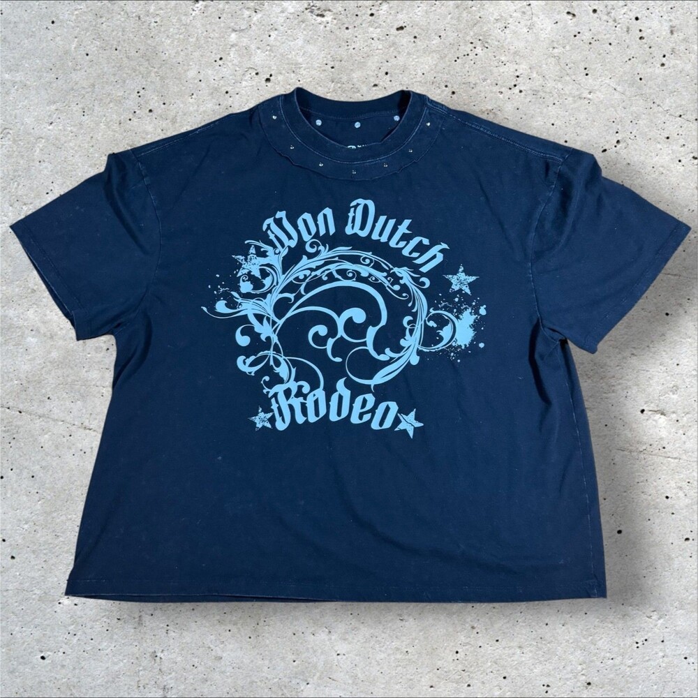 Von Dutch Rodeo Shirt Womens XL Black Light Blue Graphic Tee Vintage Y2K Boxy
